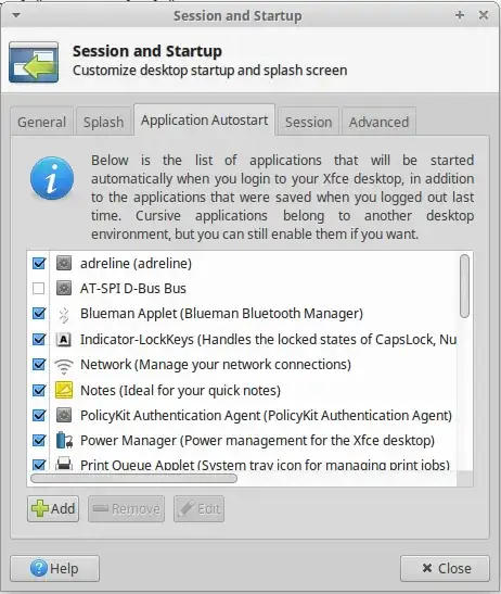 Session & Startup dialog