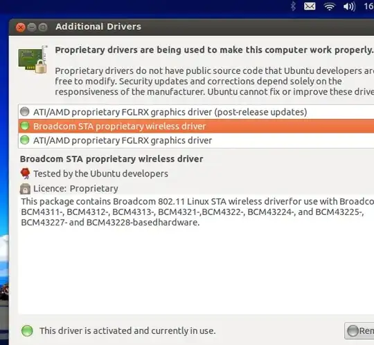 GUI window showing activated Broadcom proprietary wireless driver