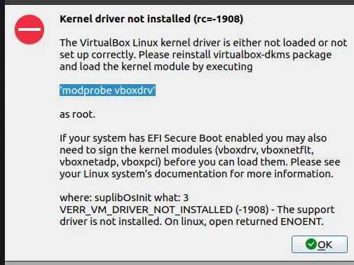 Dialog with title "Kernel driver not installed (rc=-1908)"