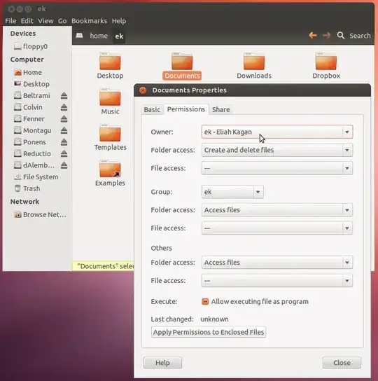 A nautilus Window, running as root, with a Properties dialog box up on a folder, showing how to change it's owner.