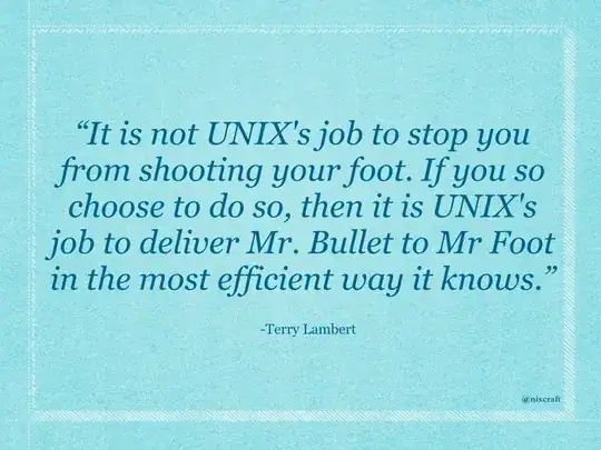 *"It's not UNIX's job to stop you from shooting your foot. If you so choose to do so, then it is UNIX's job to deliver Mr. Bullet to Mr. Foot in the most efficient way it knows."* - Terry Lambert