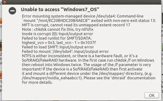 Dialog box showing a long error message titled 'Unable to access "Windows7_OS"' and starting with 'Error mounting system-managed device /dev/sda'