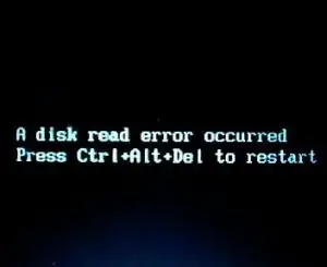 Screenshot showing message about disk read error.