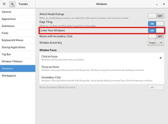 GNOME Tweaks with Windows->"Center New Windows" highlighted