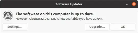 Software Updater. The software on this computer is up to date. However, Ubuntu 22.04.1 LTS is now available(you have 20.04). Settings... Upgrade... OK