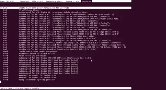 PowerTOP 1.97 - Overview - Idle stats - Frequency stats - Device stats - Tunables