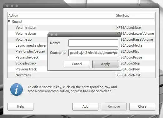 screenshot of keyboard shortcuts
