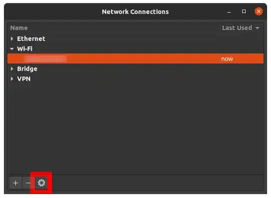 Network connections selection window, settings button in red