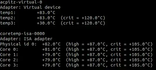 Picture of <code>sensors</code>; everything is 80C