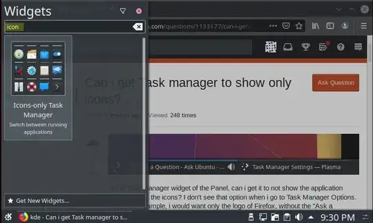 Add Widgets window with icons-only task manager