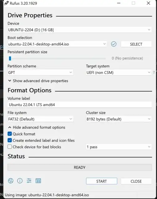 rufus settings ubuntu 22.04