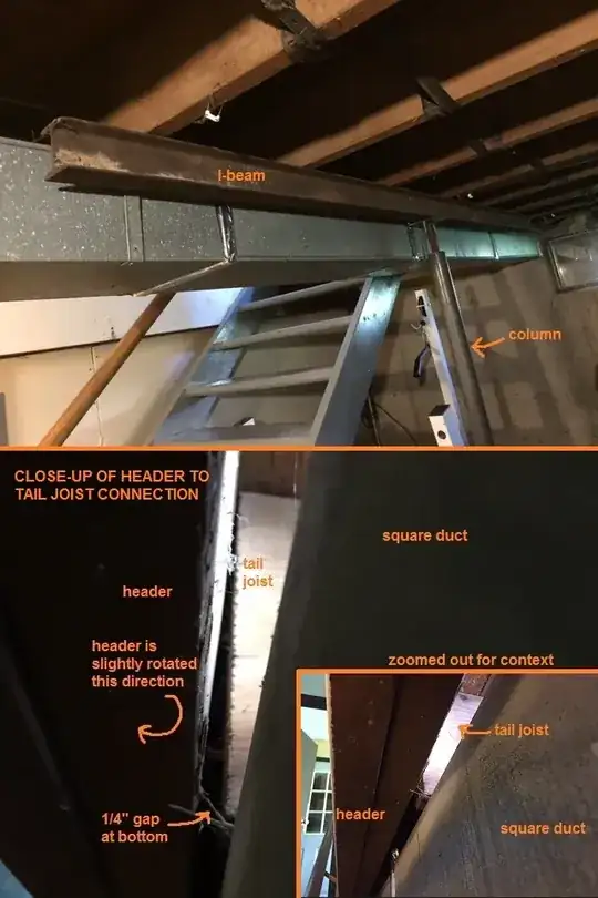 I-beam and column / close up of tail joist-header connection