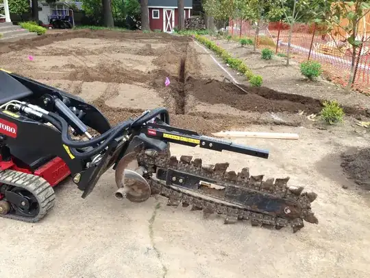 Trenching attachment connected to a Toro Utility Loader.  Costs a bit more to rent, but the extra power and depth options make it well worth the cost.
