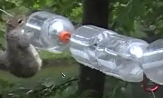 squirrel trying to cross clothesline with plastic bottle "spinners"