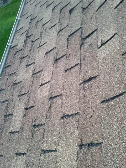 First view of part of troubled roof shingles with gutter