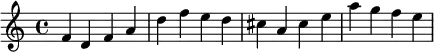 \relative c' { f d f a d f e d cis a cis e a g f e }