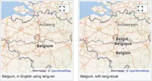 Maps of Bellgium with a specified language (English, at left) versus with lang="local". The localized version respects the fact that some Belgian names are actually entered into OSM's local "name" field in multiple languages.
