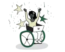 A person in a wheelchair with a laptop, celebrating
