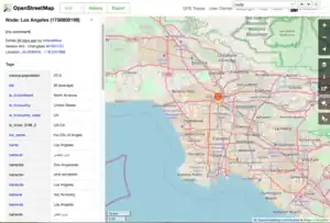 A screen from OpenStreetMap shows data for the city of Los Angeles. You can see a local "name," with no language code, as well as several multilingual names that identify the languages using two-letter codes—ar (Arabic), ba (Bashkir), bn (Bengali), etc.