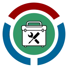 Small wiki toolkits logo: black crossed wrench and screwdriver on a white toolbox overlaid on the Wikimedia community logo base of green circle surrounded by 1 red and 2 blue 115 degree arcs evenly spaced around its perimeter.