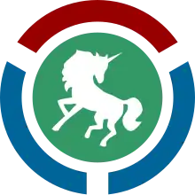 Wikimedia Cloud Services logo: silhouette of a unicorn on the Wikimedia community logo base of green circle surrounded by 1 red and 2 blue 115 degree arcs evenly spaced around its perimeter.