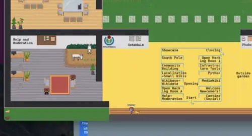 A yellow, animated floor, and an animated room with desks and a goat. If you are visually impaired and want direct access to the video rooms, contact hlepp@wikimedia.org.