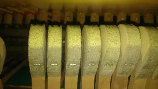 The E below middle C, which sounds too loud, is the second hammer from the left