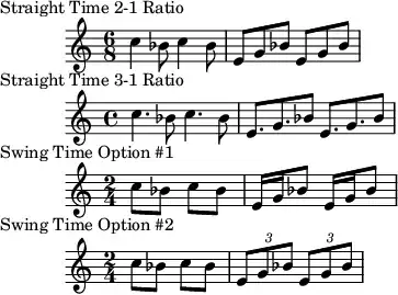 Music in straight time (2-1 & 3-1 ratio) and notation option 1 & 2