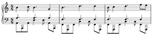 three bars with voices fixed, in 8/8