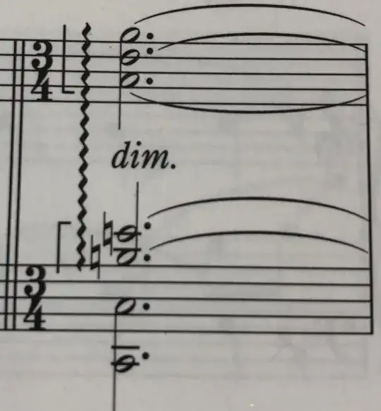 arpeggiated chord with left hand and right hand and half bracket symbols on the left of the chord