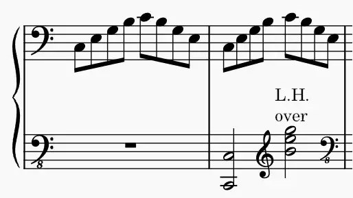 Same passage as above but with chord and "L.H. over" indication moved to left-hand staff with clef change only for that chord