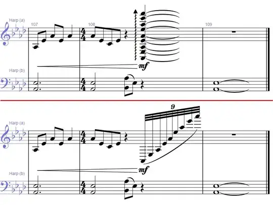 Screencap: Two harp grand staves featuring two different ways to notate an arpeggio