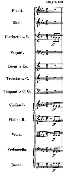 First system and measure of Beethoven's 5th Symphony