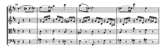 Fraction from Mozart quartet for flute, violin, viola and cello