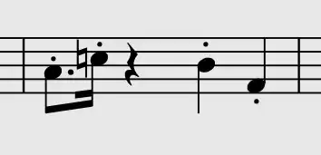 Staccato dotted quaver followed by staccato semiquaver