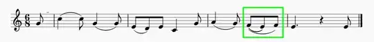 three eight notes, the first and second connected by a legato, and the first to the third connected by another legato
