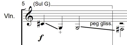 Choplaros, "Sonata da Chiesa" (2015), m. 5, violin peg gliss.