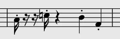 Staccato semiquaver followed by two semiquaver rests followed by a staccato semiquaver