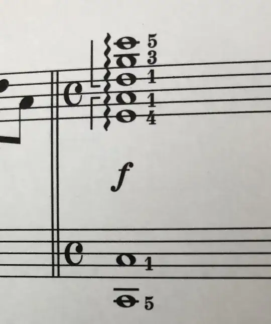 arpeggiated chord with half brackets on left side and fingering numbers on right side