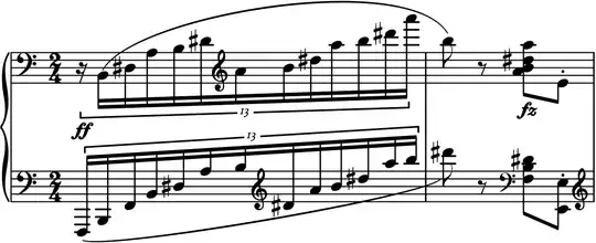 Score showing a 13-tuplet in the left- and right-hand staves