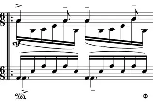 score with two voices having a sixteenth and dotted quarter on the same pitch