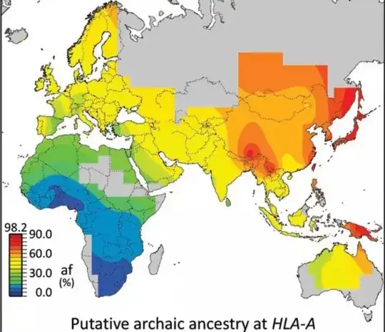 world map of neanderthal allele distributiin