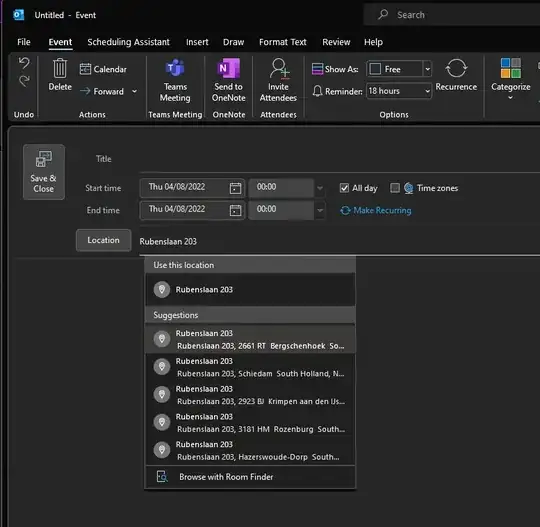 Screenshot of new Outlook event showing location suggestions