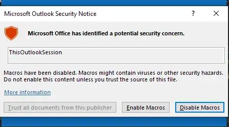 Outlook security popup at startup