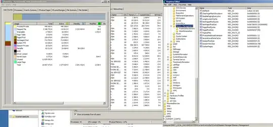 Left to right: paged pool measure by Rammap at 715MB, task manager with "see all processes" at not even 1MB (NP column) and the registry settings at 192MB which are simply ignored