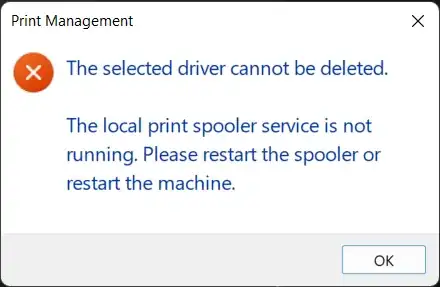 Screenshot of the print spooler error message