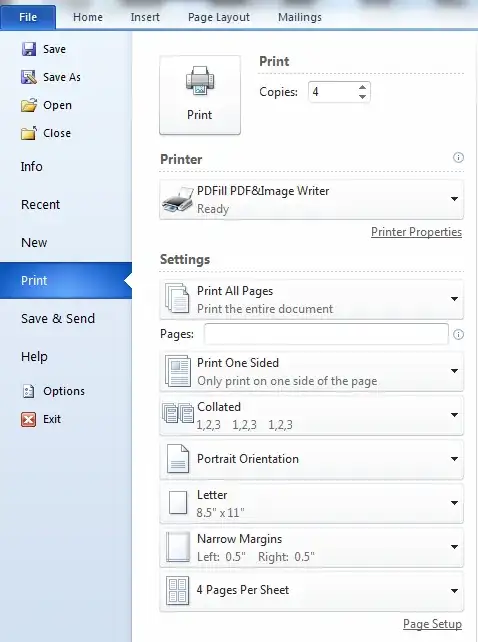 word 2010 print dialog