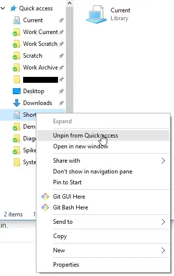 Screen shot of removing a library from Quick Access