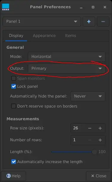 Xfce Panel Preferences, Output: Primary