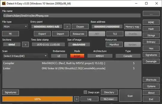 Detect It Easy showing detection of ffmpeg.exe compiled with MinGW GCC